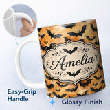 Personalized Custom Name Watercolour Flying Bats on Warm Orange Cloud Background Halloween 11oz Ceramic Coffee Tea Mug White Large Handle