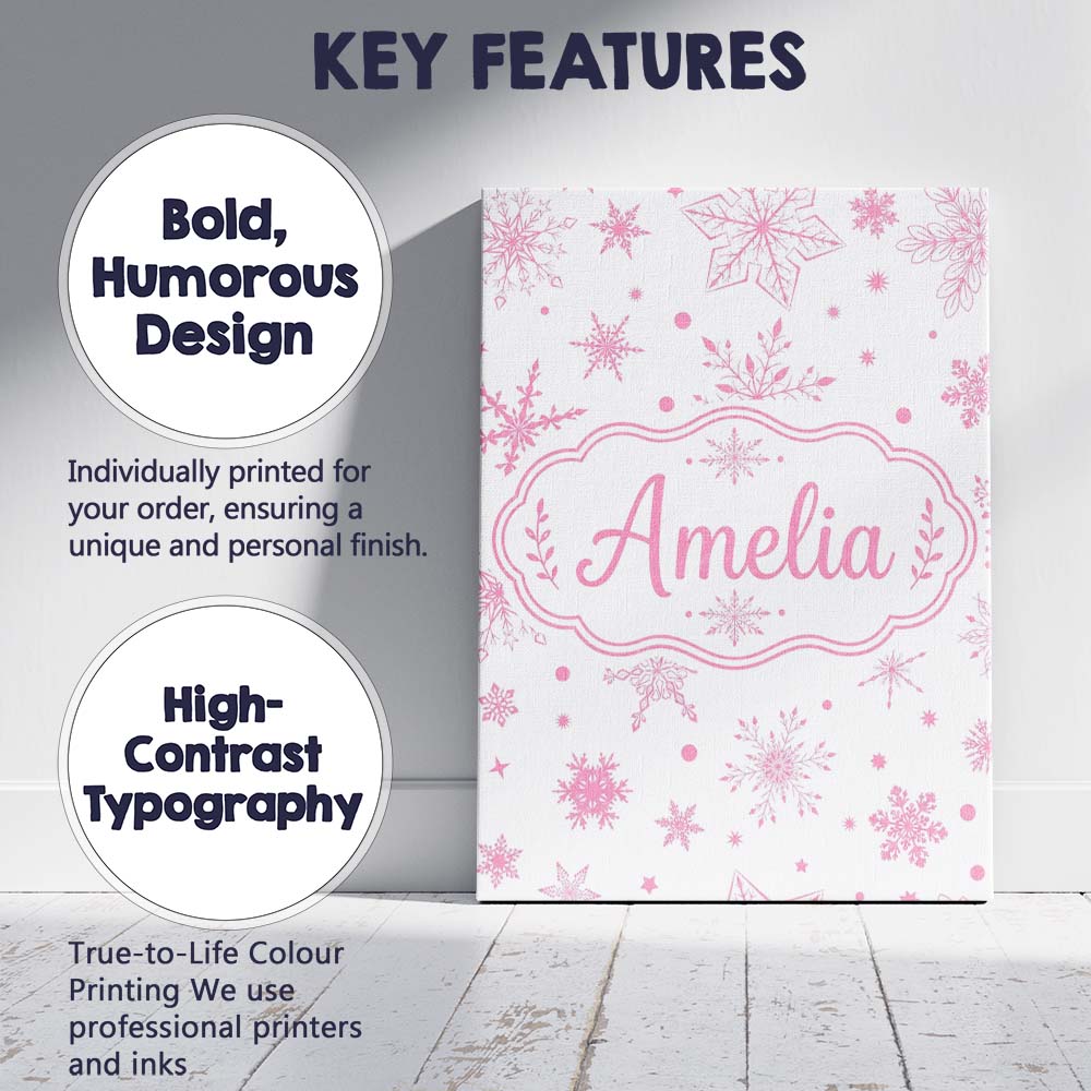 Personalised Name Elegant Pink Snowflakes Custom  Bespoke Decorative Contemporary Canvas Wall Art Print Decor Picture Ready to Hang