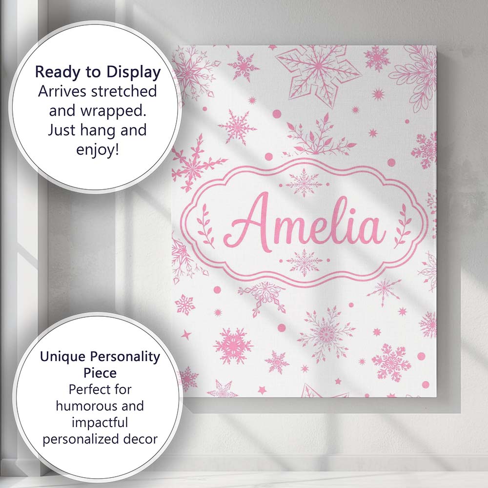Personalised Name Elegant Pink Snowflakes Custom  Bespoke Decorative Contemporary Canvas Wall Art Print Decor Picture Ready to Hang