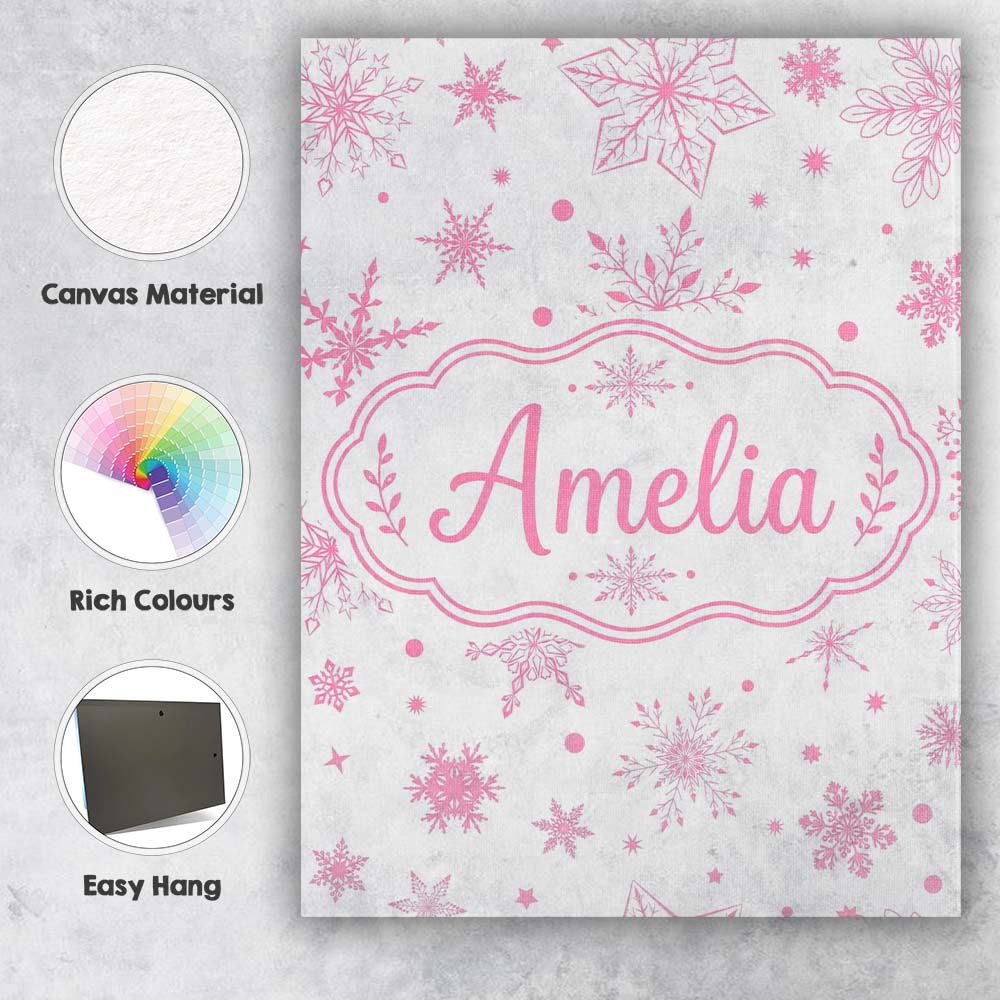 Personalised Name Elegant Pink Snowflakes Custom  Bespoke Decorative Contemporary Canvas Wall Art Print Decor Picture Ready to Hang
