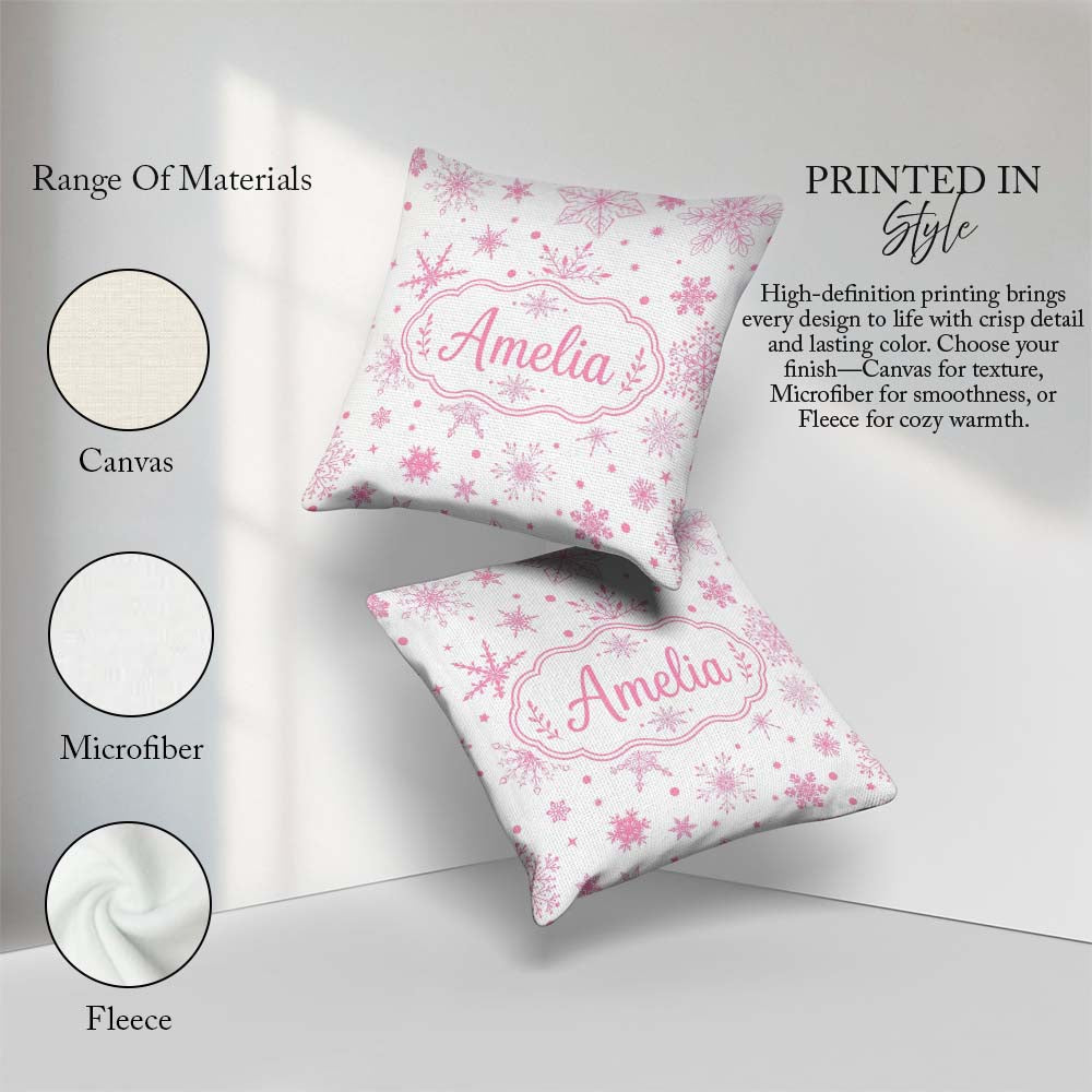 Custom Name Elegant Snowflakes White Background Seamless Pattern Square Filled Cushion Throw Pillow Sofa Bed Home Decor Zip Washable UK Made