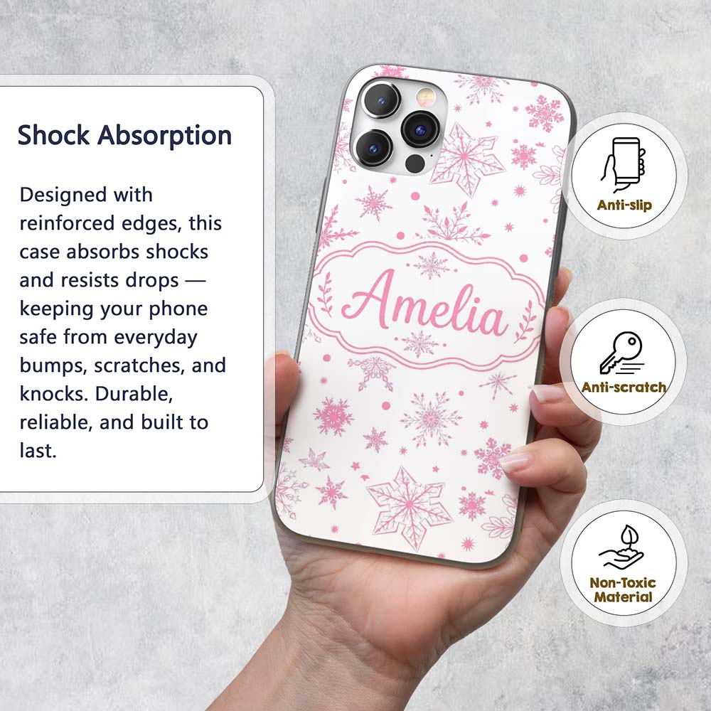 Elegant Pink Snowflakes White Background Seamless Custom Name Protective Phone Case Mobile Cover Durable Everyday Smartphone Shock Resistant