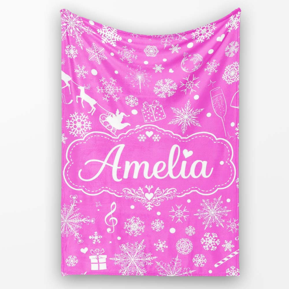 Festive Pink Christmas Snowflakes Reindeer Seamless Pattern Lovely  Personalised Custom Name Super Soft Fleece Blanket Bed Sofa Throw