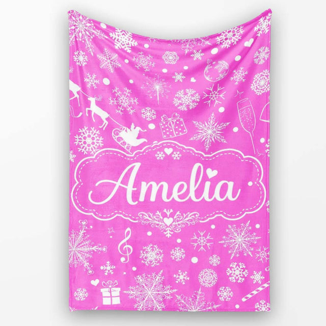 Festive Pink Christmas Snowflakes Reindeer Seamless Pattern Lovely  Personalised Custom Name Super Soft Fleece Blanket Bed Sofa Throw