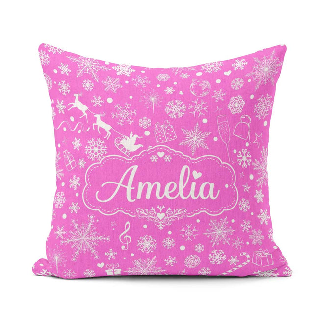 Custom Name Festive Pink Christmas Snowflakes Reindeer Seamless Square Filled Cushion Throw Pillow Sofa Bed Home Decor Zip Washable UK Made