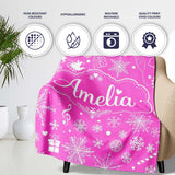 Festive Pink Christmas Snowflakes Reindeer Seamless Pattern Lovely  Personalised Custom Name Super Soft Fleece Blanket Bed Sofa Throw