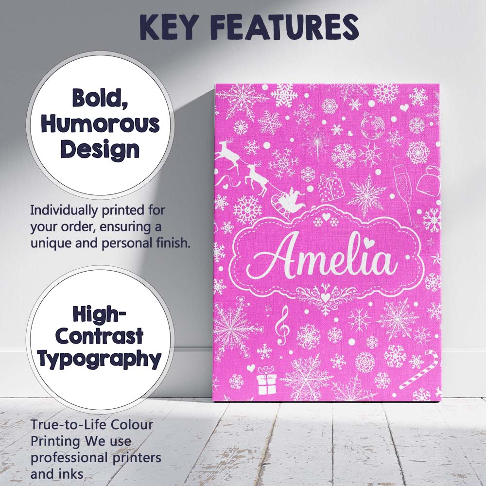 Personalised Name Festive Pink Christmas Custom  Unique Gift Idea Elegant Feature Canvas Wall Art Print Decor Picture Ready to Hang