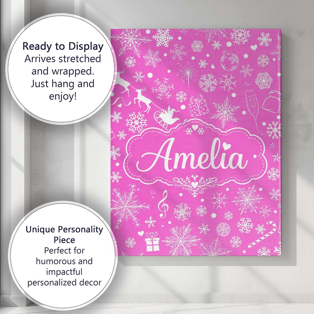 Personalised Name Festive Pink Christmas Custom  Unique Gift Idea Elegant Feature Canvas Wall Art Print Decor Picture Ready to Hang