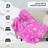 Festive Pink Christmas Snowflakes Reindeer Seamless Pattern Lovely  Personalised Custom Name Super Soft Fleece Blanket Bed Sofa Throw
