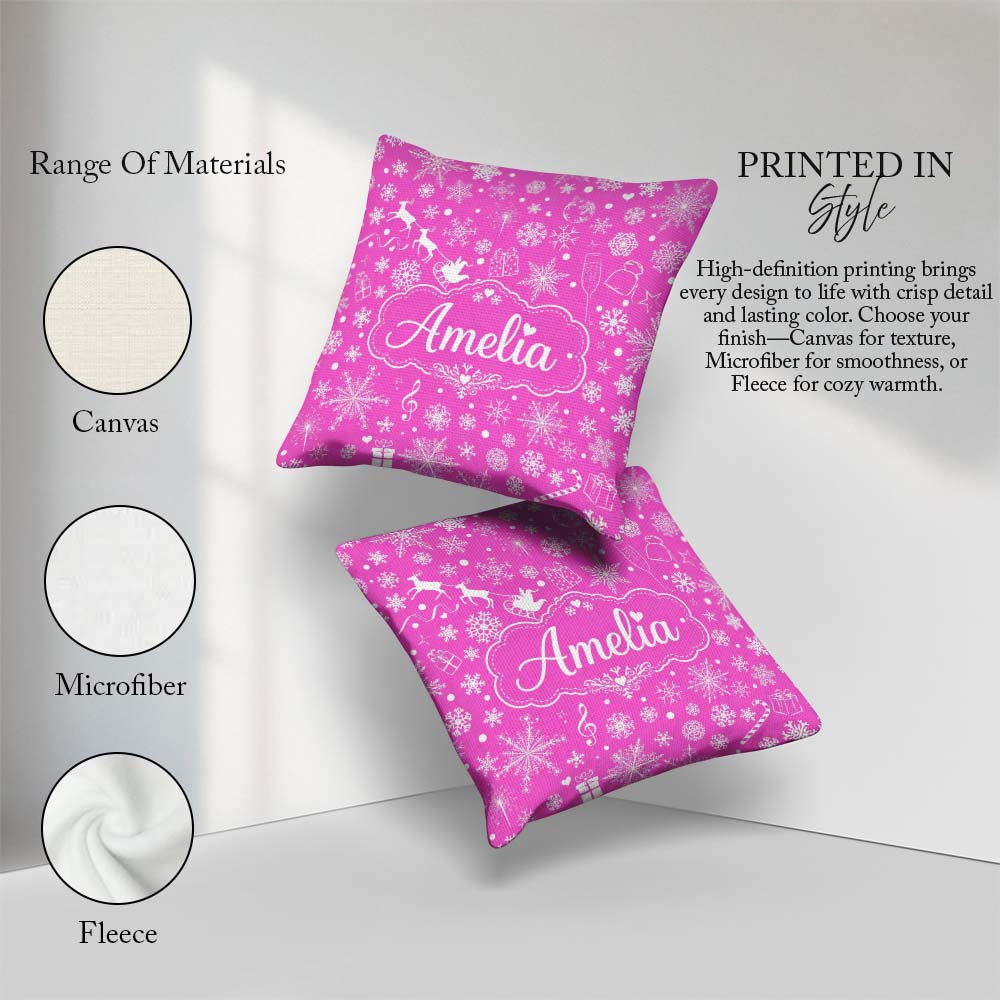 Custom Name Festive Pink Christmas Snowflakes Reindeer Seamless Square Filled Cushion Throw Pillow Sofa Bed Home Decor Zip Washable UK Made