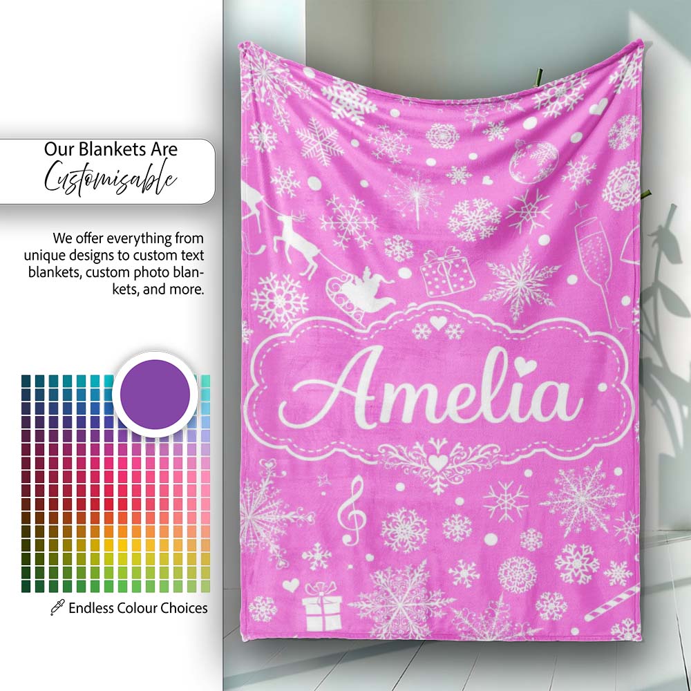 Festive Pink Christmas Snowflakes Reindeer Seamless Pattern Lovely  Personalised Custom Name Super Soft Fleece Blanket Bed Sofa Throw