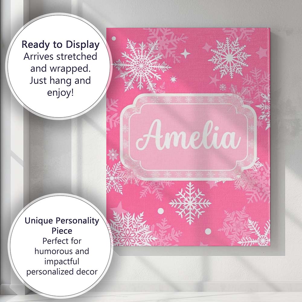 Personalised Name Decorative Pink Snowflakes Custom Bespoke  Contemporary Display Canvas Wall Art Print Decor Picture Ready to Hang