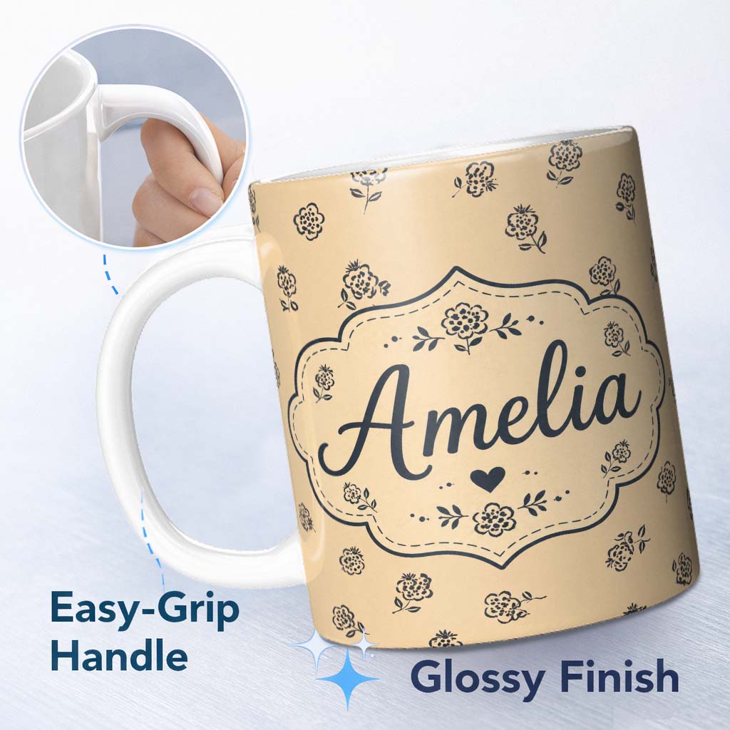 Personalized Custom Name Simple Beige Floral Repeat Small Black Flowers Minimal Aesthetic 11oz Ceramic Coffee Tea Mug White Large Handle