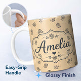 Personalized Custom Name Simple Beige Floral Repeat Small Black Flowers Minimal Aesthetic 11oz Ceramic Coffee Tea Mug White Large Handle