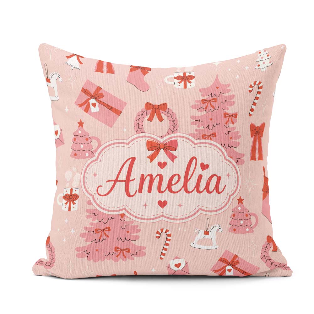 Custom Name Cute Pink Christmas Trees Gifts Candy Canes Seamless Square Filled Cushion Throw Pillow Sofa Bed Home Decor Zip Washable UK Made