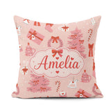 Custom Name Cute Pink Christmas Trees Gifts Candy Canes Seamless Square Filled Cushion Throw Pillow Sofa Bed Home Decor Zip Washable UK Made
