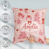 Custom Name Cute Pink Christmas Trees Gifts Candy Canes Seamless Square Filled Cushion Throw Pillow Sofa Bed Home Decor Zip Washable UK Made