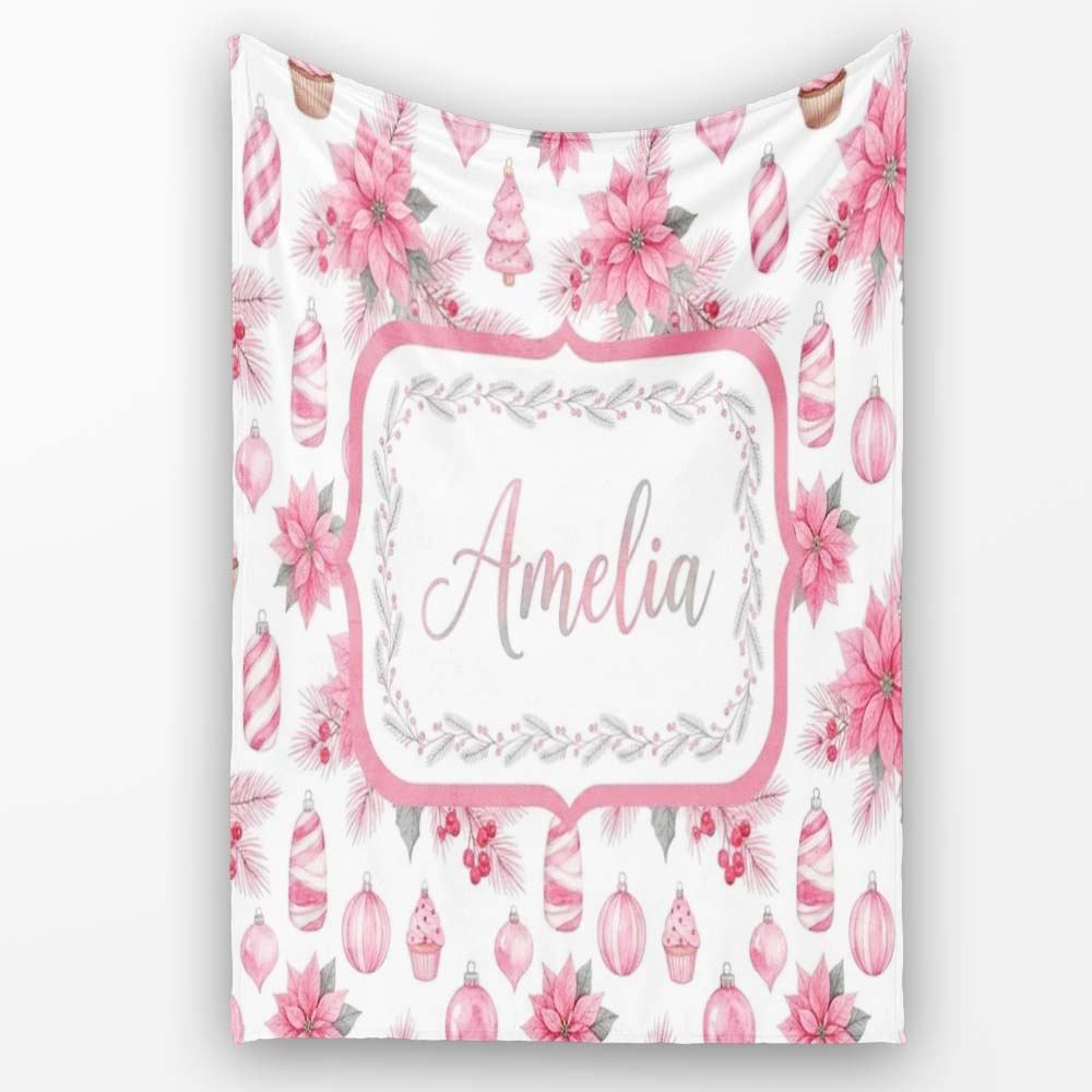 Elegant Pink Christmas Ornaments Holly Leaves Watercolor Seamless  Personalised Custom Name Super Soft Fleece Blanket Bed Sofa Throw