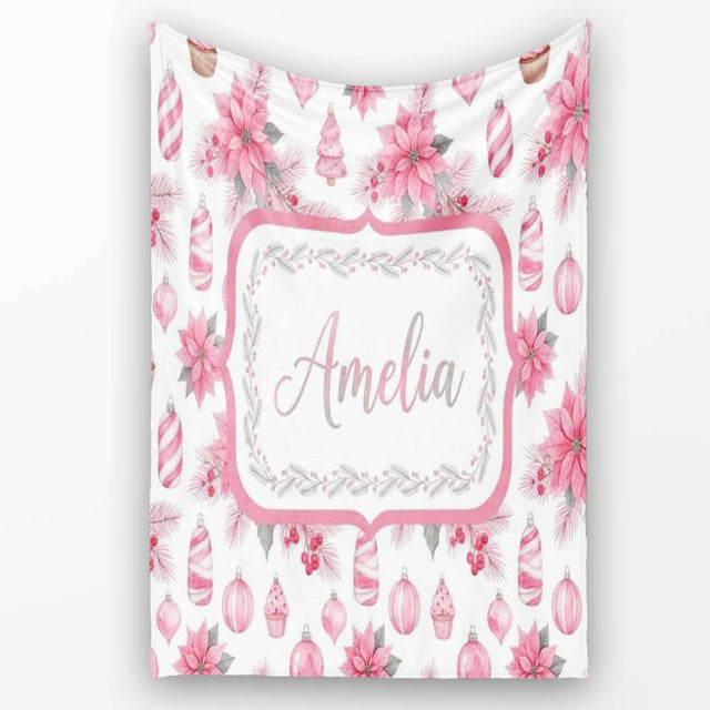 Elegant Pink Christmas Ornaments Holly Leaves Watercolor Seamless  Personalised Custom Name Super Soft Fleece Blanket Bed Sofa Throw