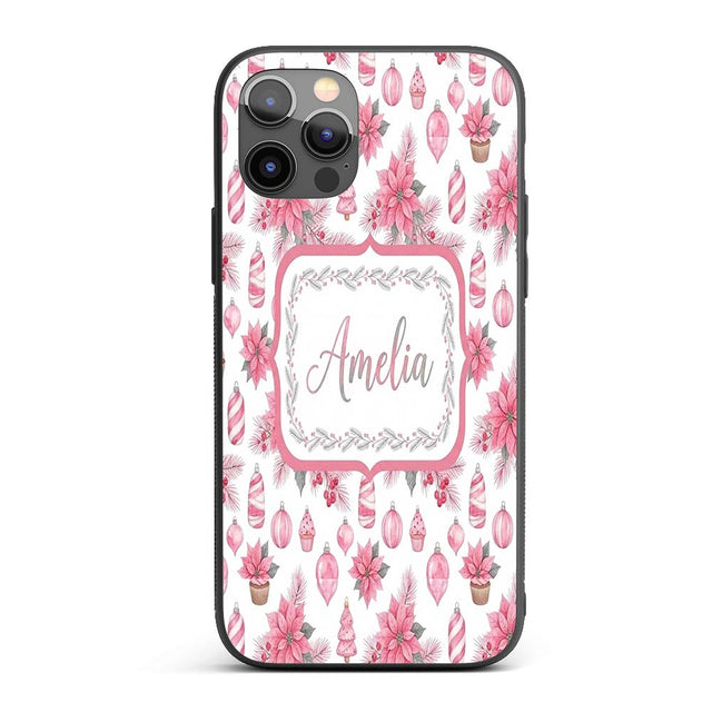Elegant Pink Christmas Ornaments Holly Leaves Custom Name Protective Phone Case Mobile Cover Durable Everyday Smartphone Shock Resistant