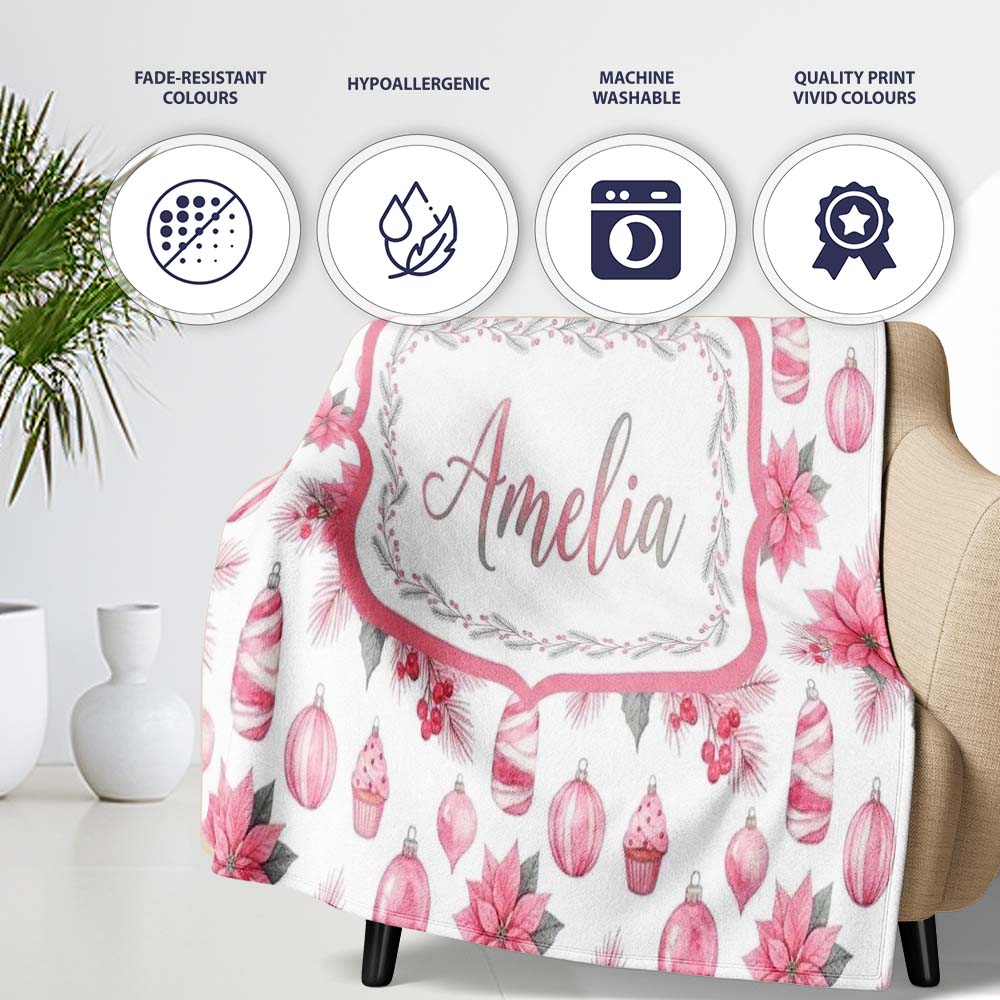 Elegant Pink Christmas Ornaments Holly Leaves Watercolor Seamless  Personalised Custom Name Super Soft Fleece Blanket Bed Sofa Throw