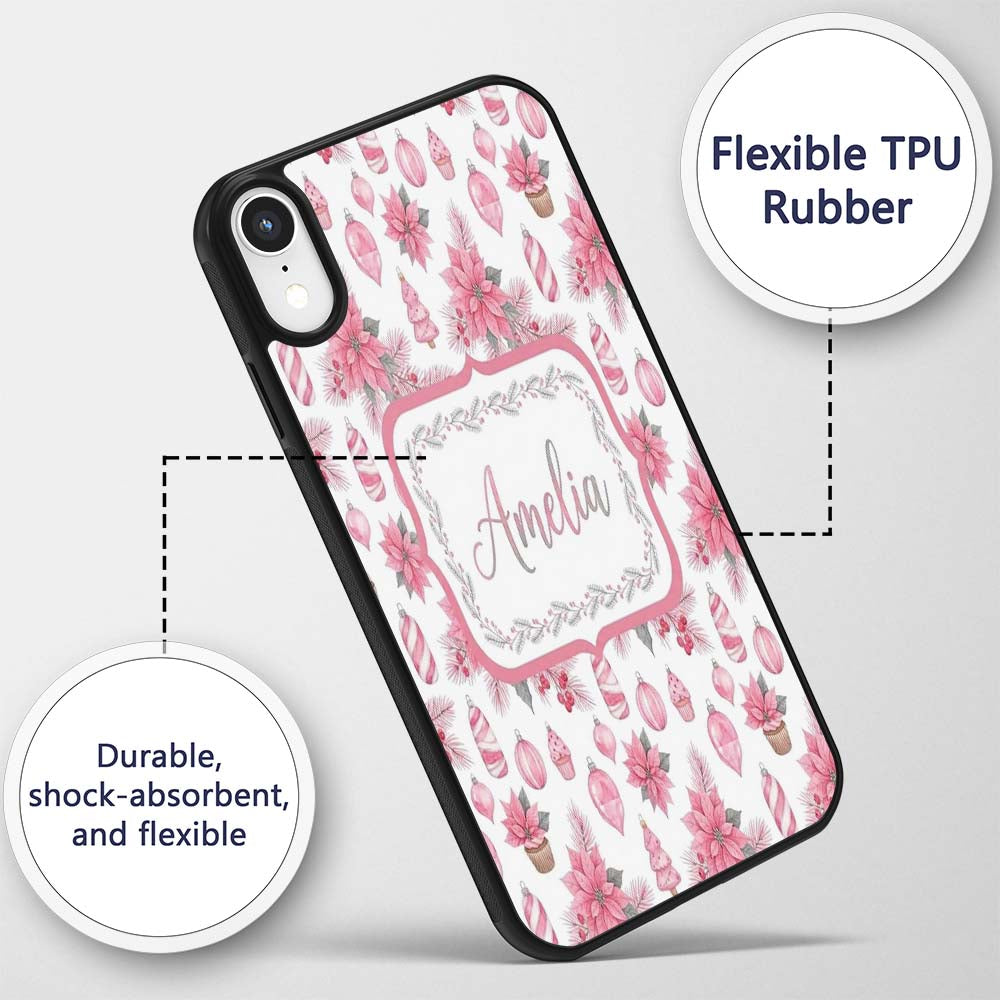 Elegant Pink Christmas Ornaments Holly Leaves Custom Name Protective Phone Case Mobile Cover Durable Everyday Smartphone Shock Resistant