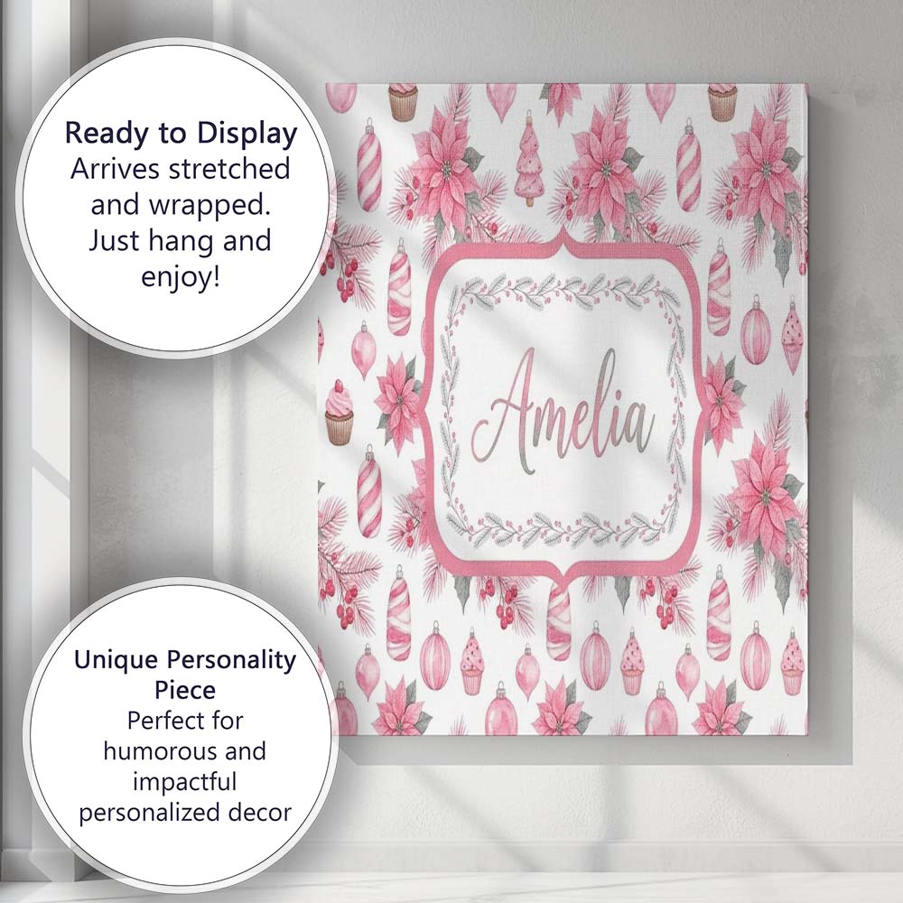 Personalised Name Elegant Pink Christmas Custom  Interior Decorative Contemporary Canvas Wall Art Print Decor Picture Ready to Hang