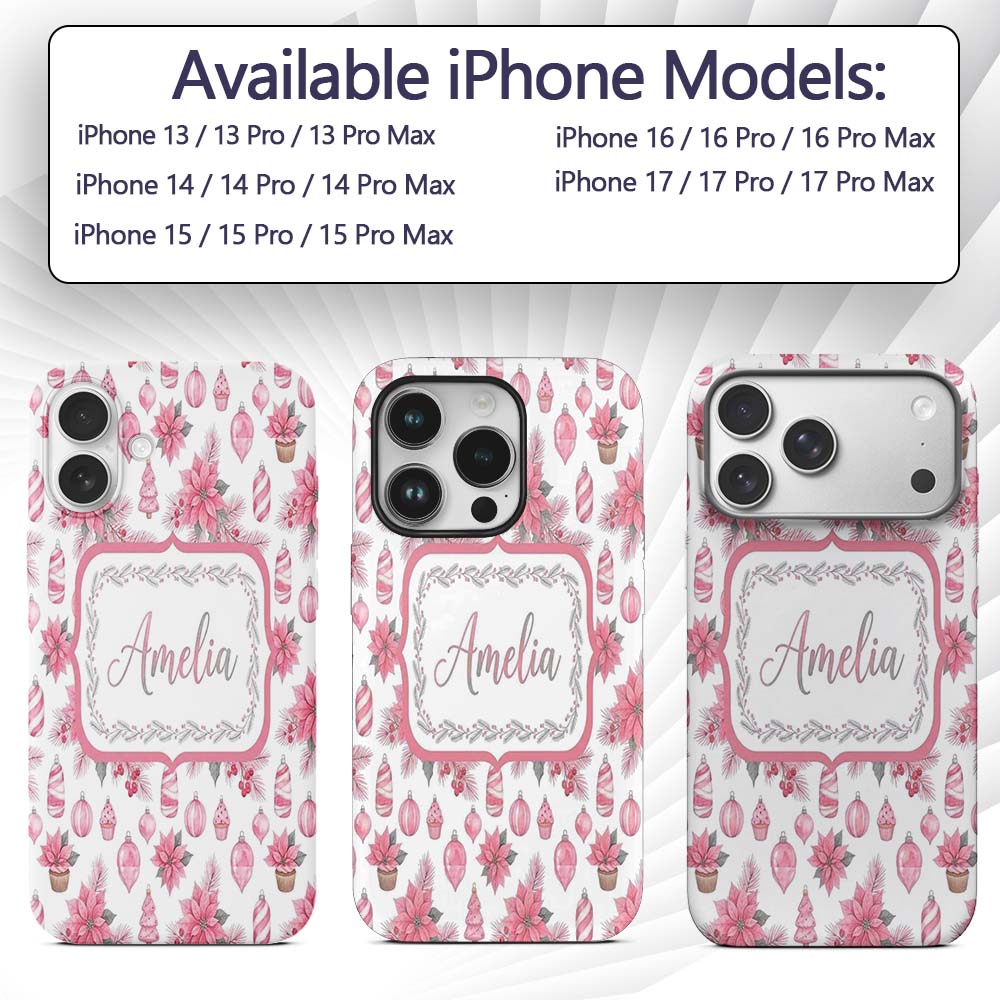 Elegant Pink Christmas Ornaments Holly Leaves Custom Name Protective Phone Case Mobile Cover Durable Everyday Smartphone Shock Resistant