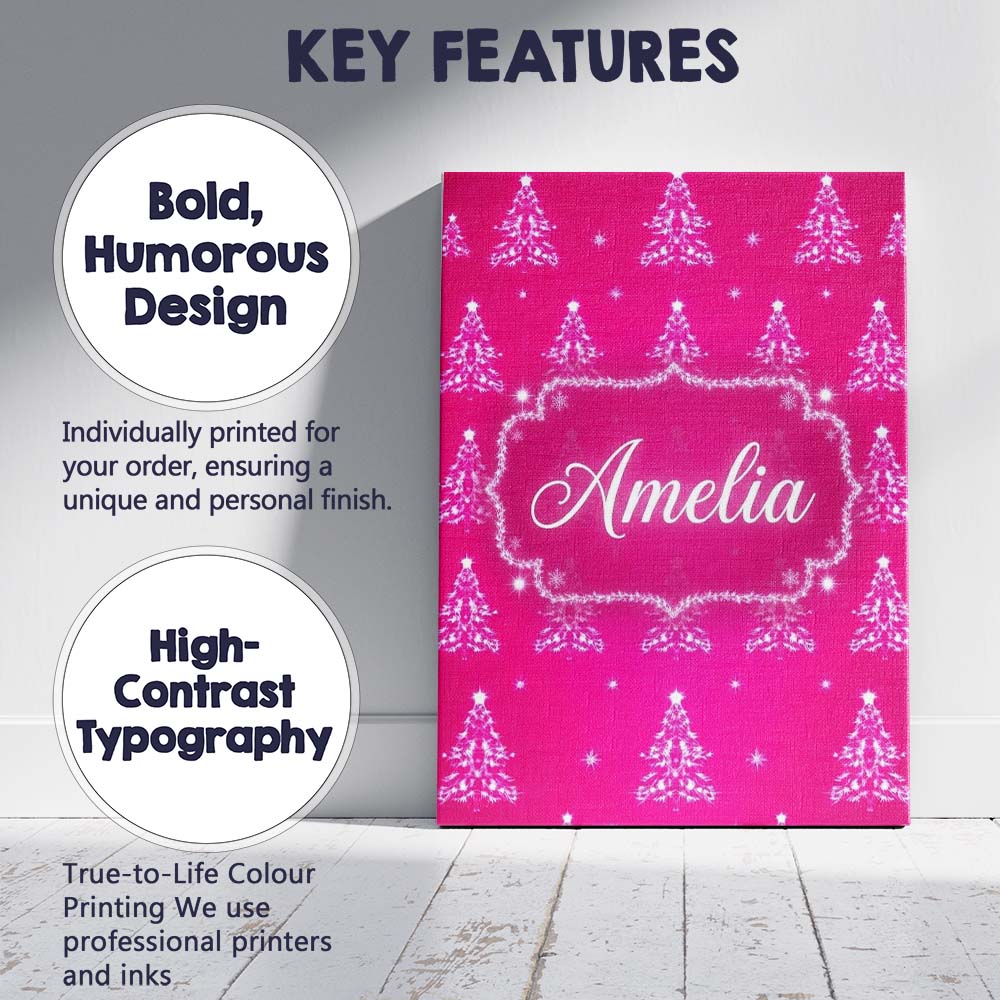 Personalised Name Bright Pink Christmas Custom  Modern Room Accent Elegant Feature Canvas Wall Art Print Decor Picture Ready to Hang