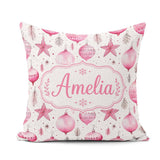 Custom Name Stylish Pink Baubles Stars Holiday Seamless Pattern Square Filled Cushion Throw Pillow Sofa Bed Home Decor Zip Washable UK Made