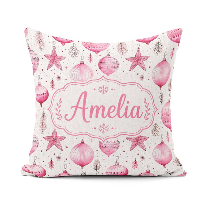 Custom Name Stylish Pink Baubles Stars Holiday Seamless Pattern Square Filled Cushion Throw Pillow Sofa Bed Home Decor Zip Washable UK Made