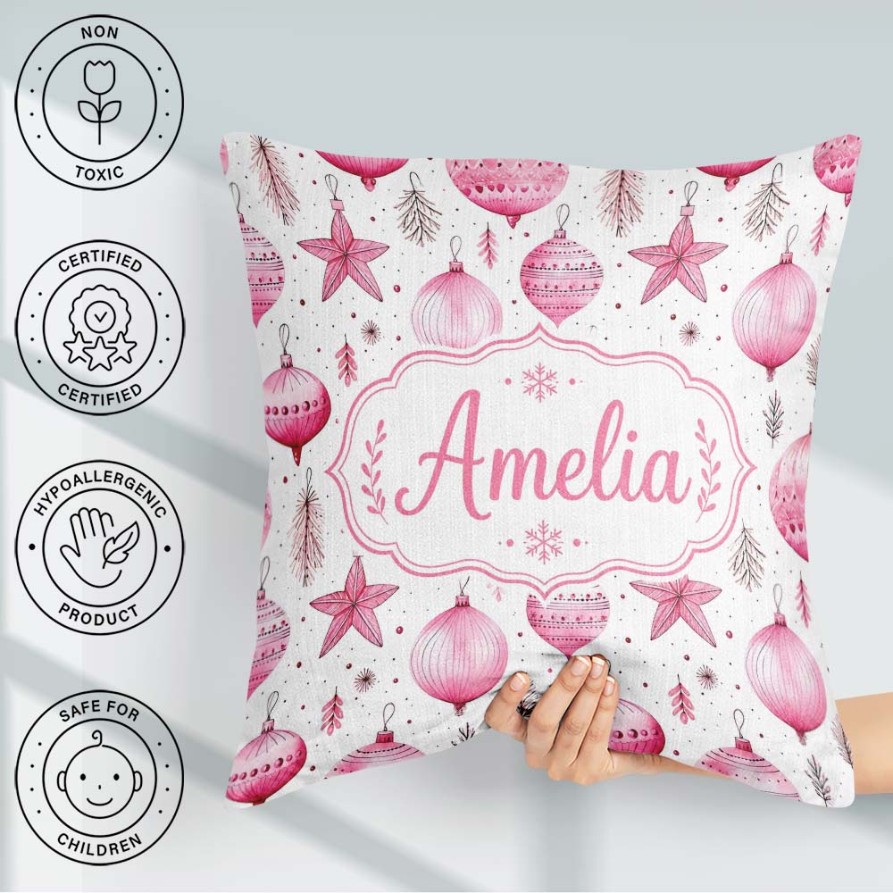 Custom Name Stylish Pink Baubles Stars Holiday Seamless Pattern Square Filled Cushion Throw Pillow Sofa Bed Home Decor Zip Washable UK Made