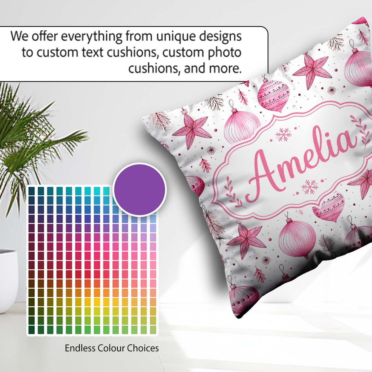 Custom Name Stylish Pink Baubles Stars Holiday Seamless Pattern Square Filled Cushion Throw Pillow Sofa Bed Home Decor Zip Washable UK Made