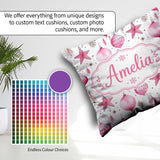 Custom Name Stylish Pink Baubles Stars Holiday Seamless Pattern Square Filled Cushion Throw Pillow Sofa Bed Home Decor Zip Washable UK Made