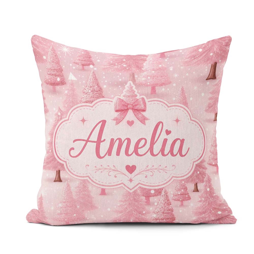 Custom Name Soft Pink Snowy Christmas Winter Wonderland Seamless Square Filled Cushion Throw Pillow Sofa Bed Home Decor Zip Washable UK Made