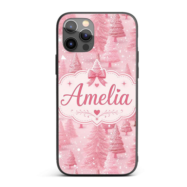 Soft Pink Snowy Christmas Trees Winter Wonderland Custom Name Protective Phone Case Mobile Cover Durable Everyday Smartphone Shock Resistant