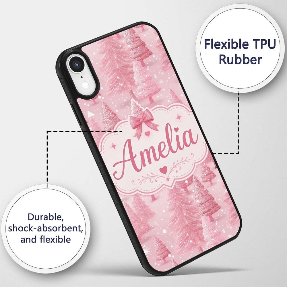Soft Pink Snowy Christmas Trees Winter Wonderland Custom Name Protective Phone Case Mobile Cover Durable Everyday Smartphone Shock Resistant