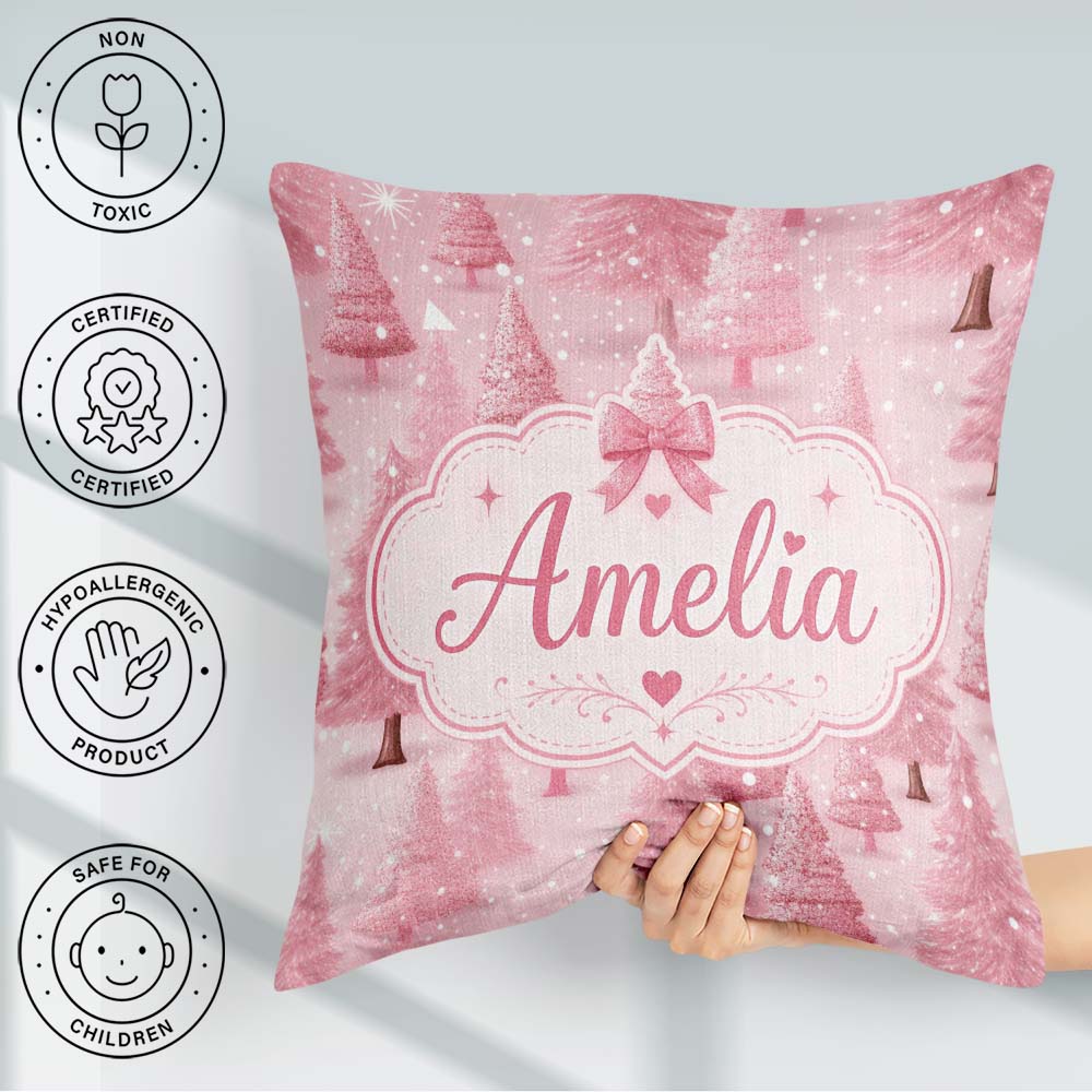 Custom Name Soft Pink Snowy Christmas Winter Wonderland Seamless Square Filled Cushion Throw Pillow Sofa Bed Home Decor Zip Washable UK Made