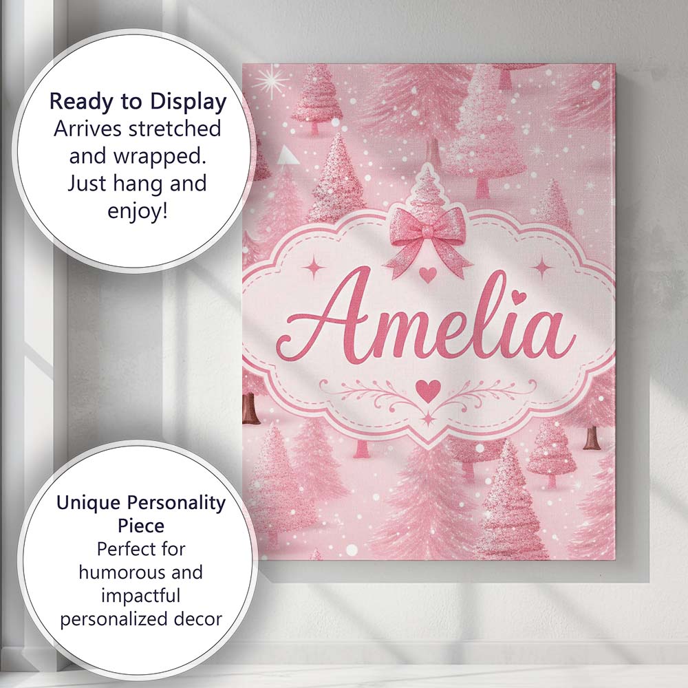 Personalised Name Soft Pink Snowy Christmas Custom  Bespoke Interior Contemporary Canvas Wall Art Print Decor Picture Ready to Hang