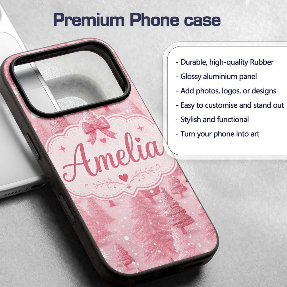 Soft Pink Snowy Christmas Trees Winter Wonderland Custom Name Protective Phone Case Mobile Cover Durable Everyday Smartphone Shock Resistant