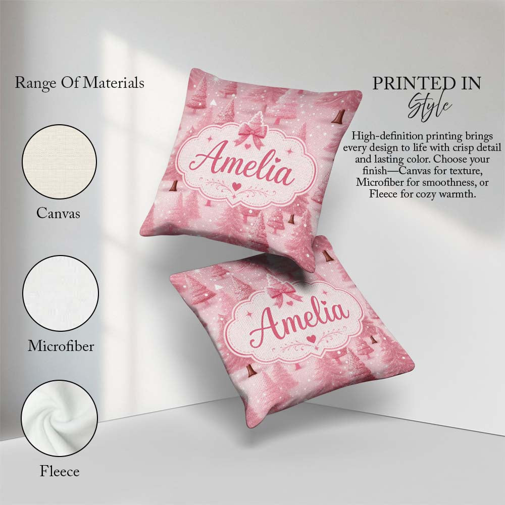 Custom Name Soft Pink Snowy Christmas Winter Wonderland Seamless Square Filled Cushion Throw Pillow Sofa Bed Home Decor Zip Washable UK Made