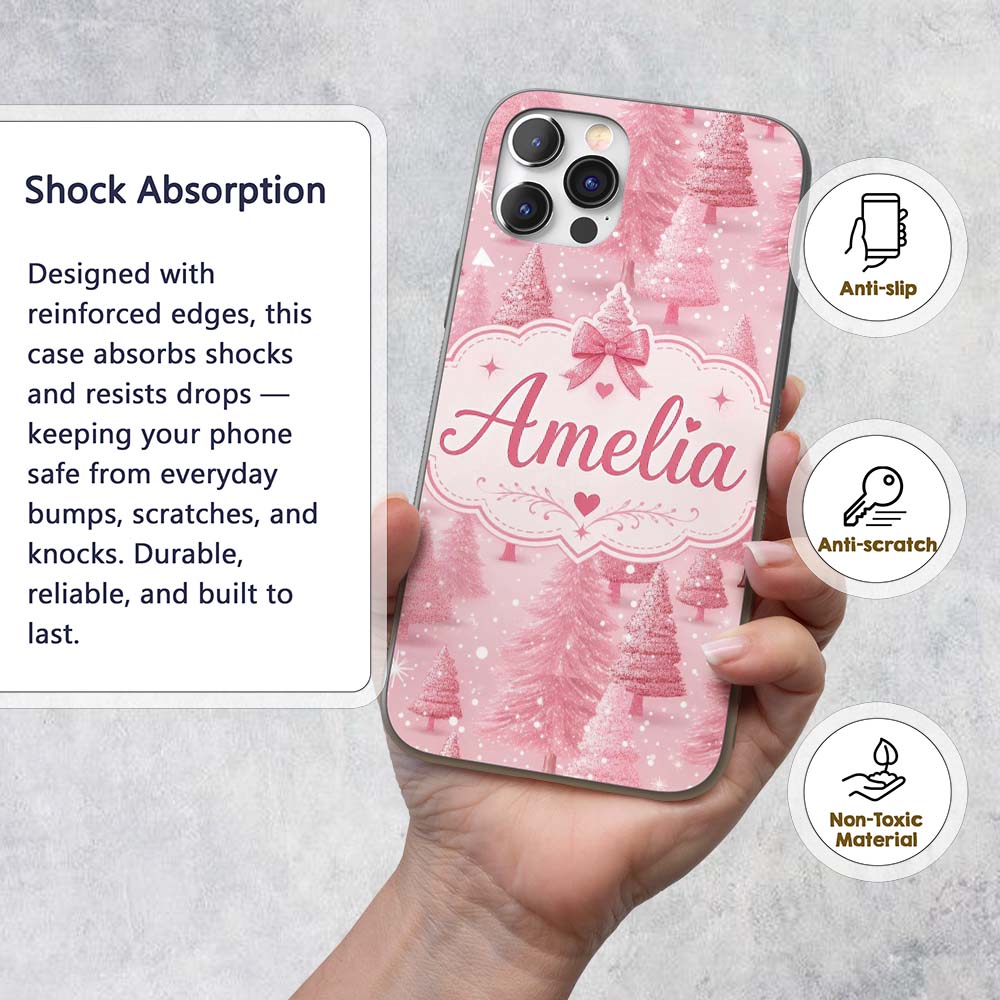 Soft Pink Snowy Christmas Trees Winter Wonderland Custom Name Protective Phone Case Mobile Cover Durable Everyday Smartphone Shock Resistant