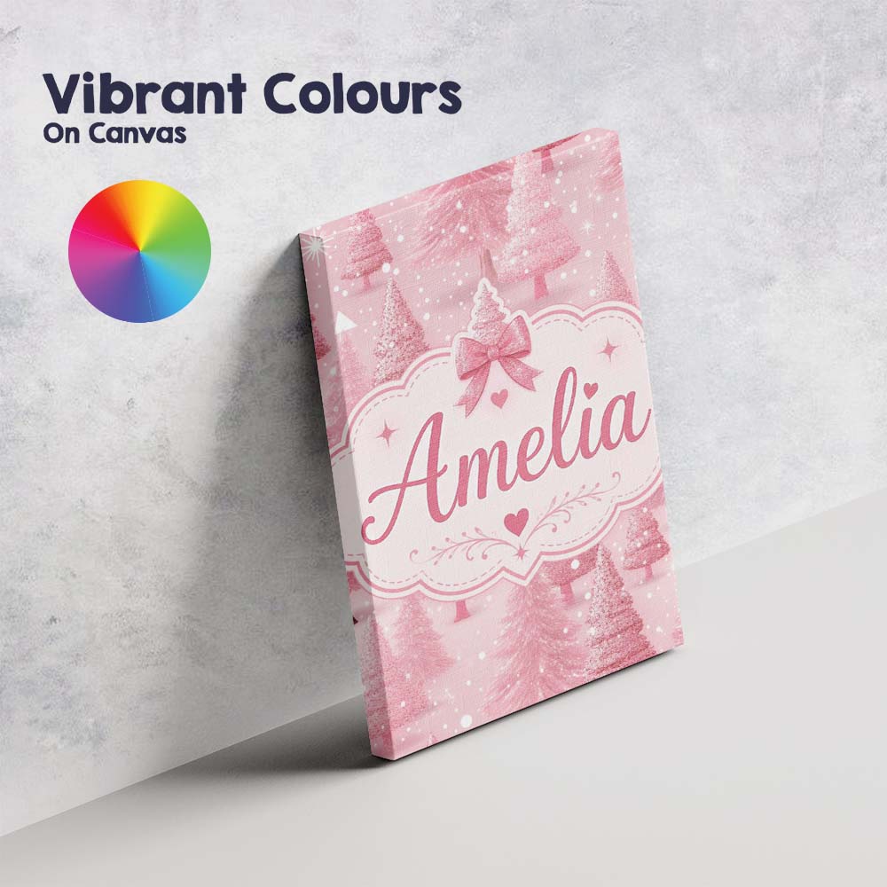 Personalised Name Soft Pink Snowy Christmas Custom  Bespoke Interior Contemporary Canvas Wall Art Print Decor Picture Ready to Hang