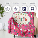 Cute Snowman Gingerbread Mittens Christmas Seamless Pattern Lovely  Personalised Custom Name Super Soft Fleece Blanket Bed Sofa Throw