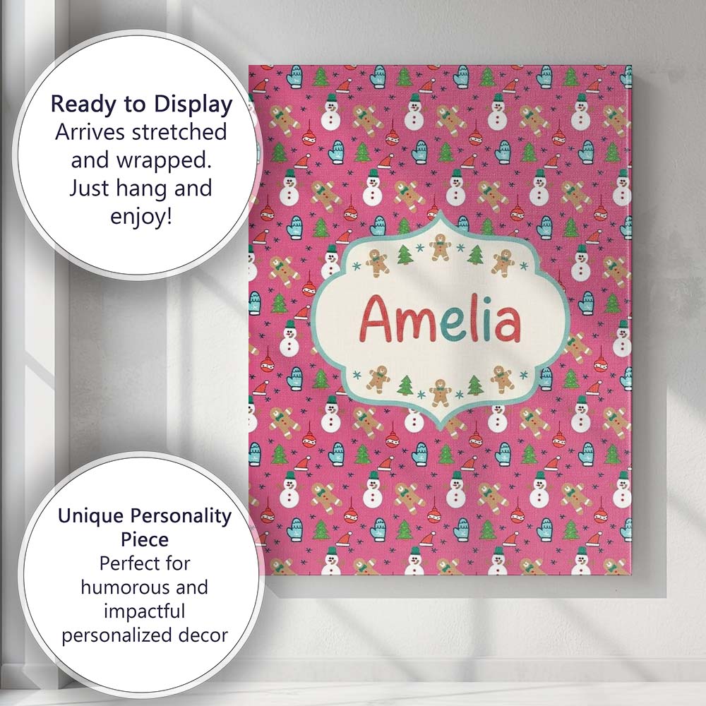 Personalised Name Cute Snowman Gingerbread Custom  Unique Gift Idea Elegant Feature Canvas Wall Art Print Decor Picture Ready to Hang