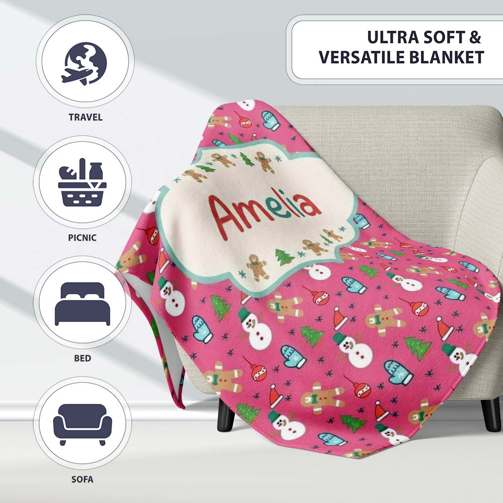 Cute Snowman Gingerbread Mittens Christmas Seamless Pattern Lovely  Personalised Custom Name Super Soft Fleece Blanket Bed Sofa Throw
