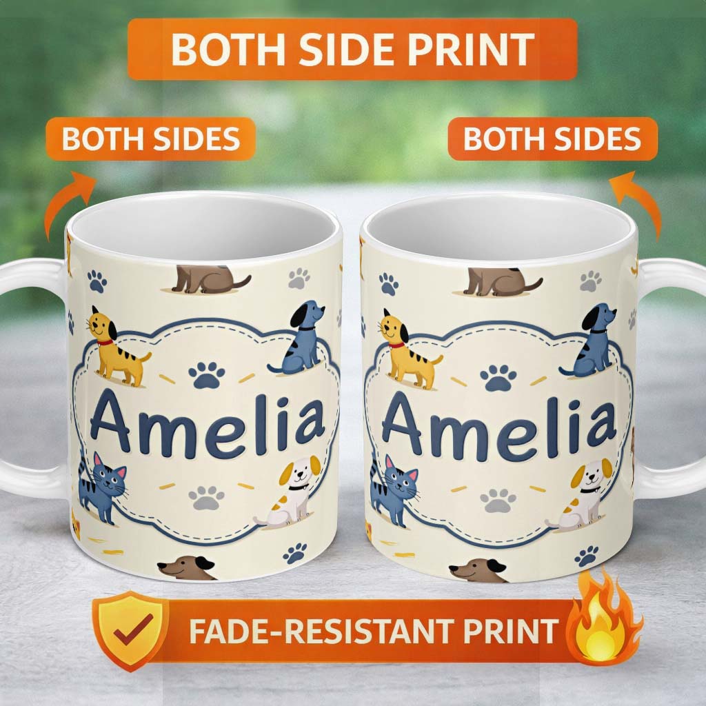 Personalized Custom Name Cute Dogs and Cats with Paw Prints Playful Pet Seamless Pattern 11oz Ceramic Coffee Tea Mug White Large Handle