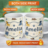 Personalized Custom Name Cute Dogs and Cats with Paw Prints Playful Pet Seamless Pattern 11oz Ceramic Coffee Tea Mug White Large Handle