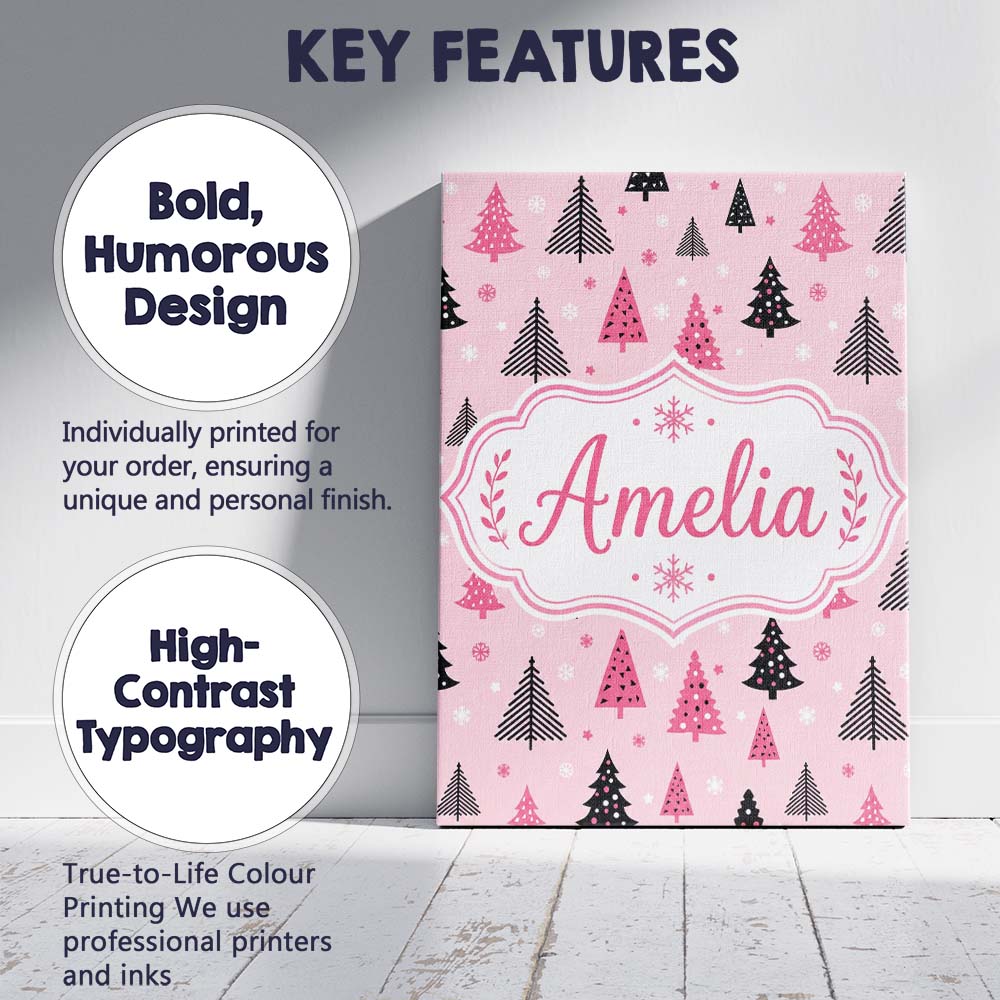 Personalised Name Modern Pink Black Christmas Custom Bespoke  Contemporary Display Canvas Wall Art Print Decor Picture Ready to Hang