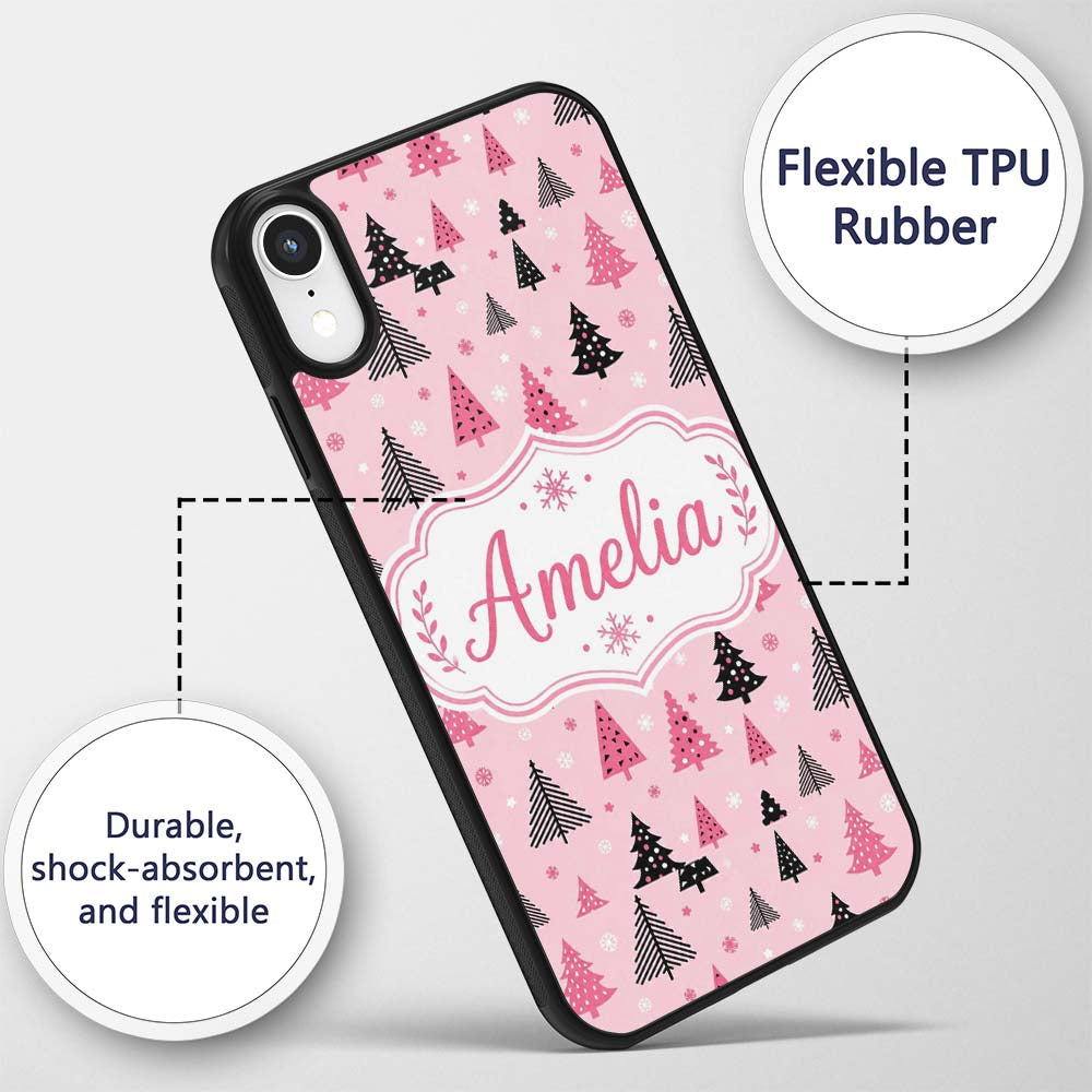 Modern Pink Black Christmas Trees Snowflakes Custom Name Protective Phone Case Mobile Cover Durable Everyday Smartphone Shock Resistant